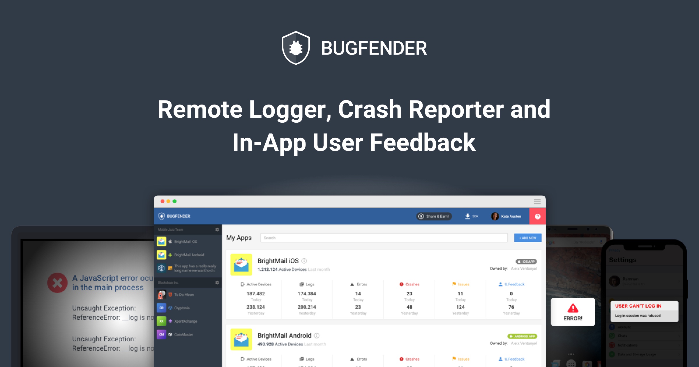Preview image of website "Bugfender | Cloud Remote Logger, Crash Reporter, In-App Feedback"
