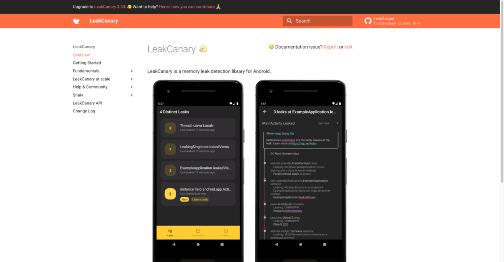 LeakCanary documentation page showing two Android phones with a list of detected memory leaks and a detailed leak trace.