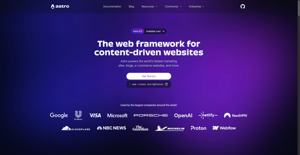 Astro homepage showing the headline “The web framework for content-driven websites,” with a Get Started button, installation command, and logos of companies using Astro.