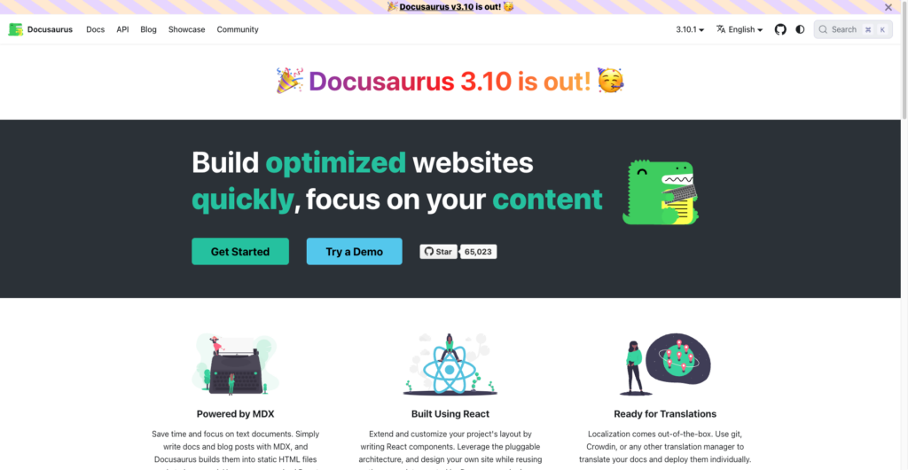 Docusaurus homepage showing the “Build optimized websites quickly, focus on your content” headline with features for MDX, React, and translation support.