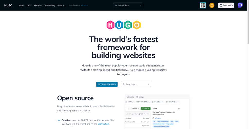 Hugo homepage featuring the headline “The world’s fastest framework for building websites,” with navigation, documentation search, and an overview of the open-source static site generator.