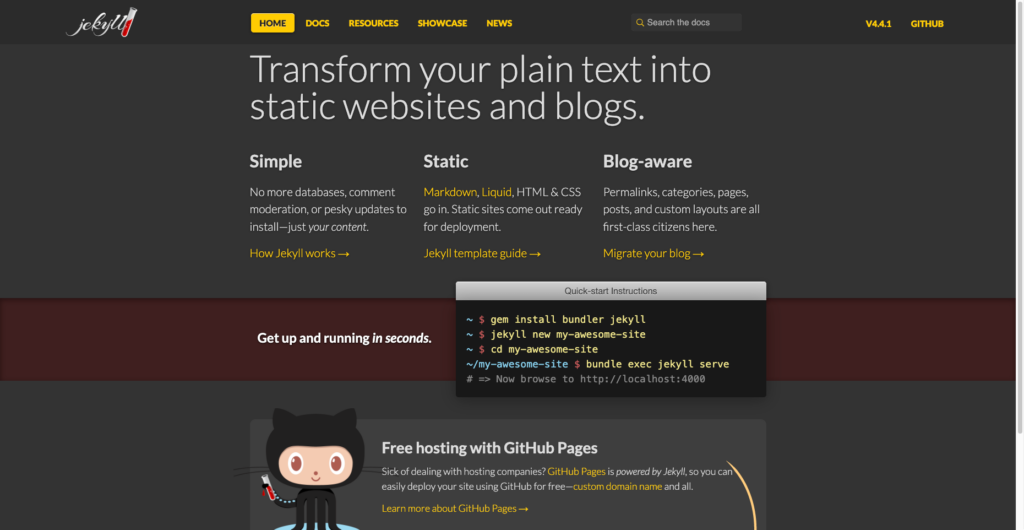 Jekyll homepage showing its static website and blog features, quick-start commands, and GitHub Pages integration for free hosting.