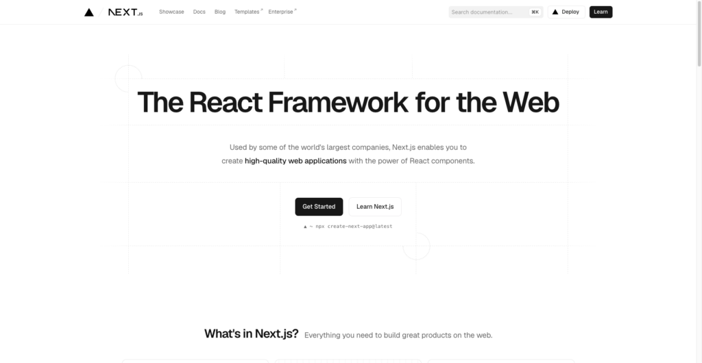 Next.js homepage showing the headline “The React Framework for the Web” with navigation links, Get Started and Learn Next.js buttons, and the create-next-app command.