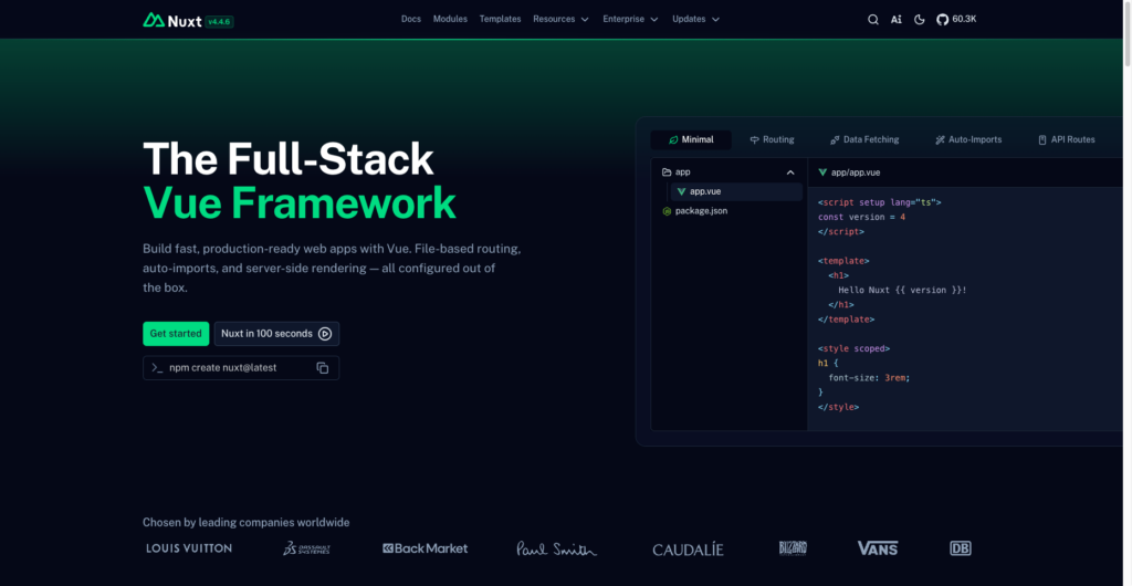 Nuxt homepage showing the headline “The Full-Stack Vue Framework,” with a code editor preview and features including routing, data fetching, auto-imports, and API routes.