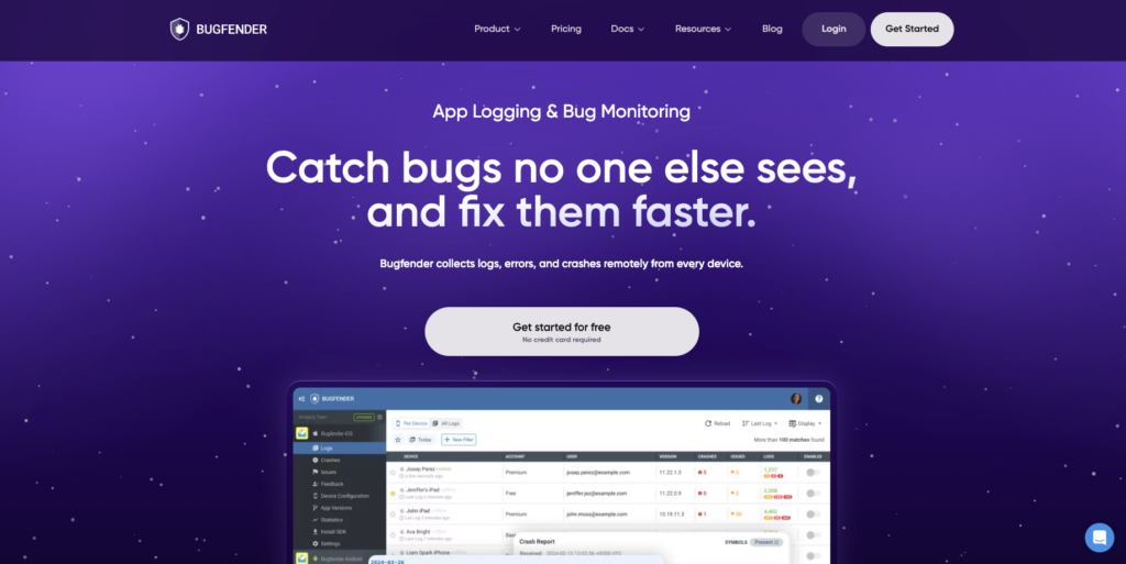Screenshot of the Bugfender homepage featuring the headline Catch bugs no one else sees, and fix them faster,” a free signup button, and a preview of the remote logging dashboard displaying device logs, crashes, and issues.
