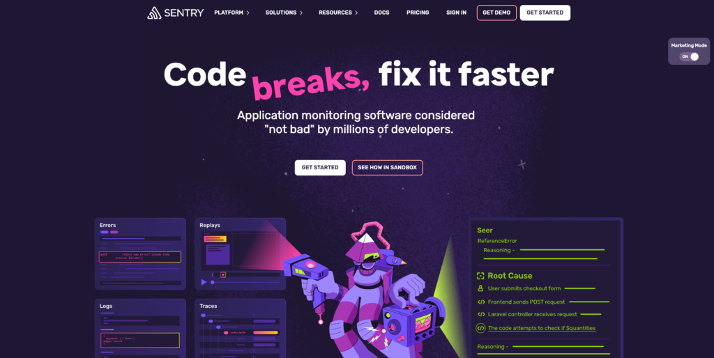 Screenshot of the Sentry homepage featuring the headline “Code breaks, fix it faster,” alongside illustrations of error tracking, session replays, logs, distributed traces, and Seer AI-powered root cause analysis.